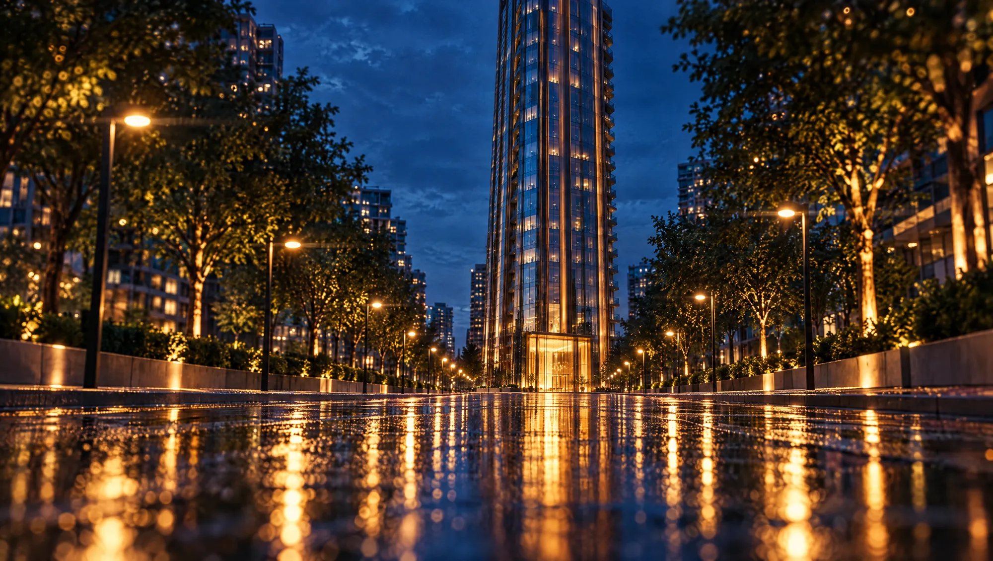 Halcyon tower at blue hour, rising from the street to the penthouse and its sky terrace