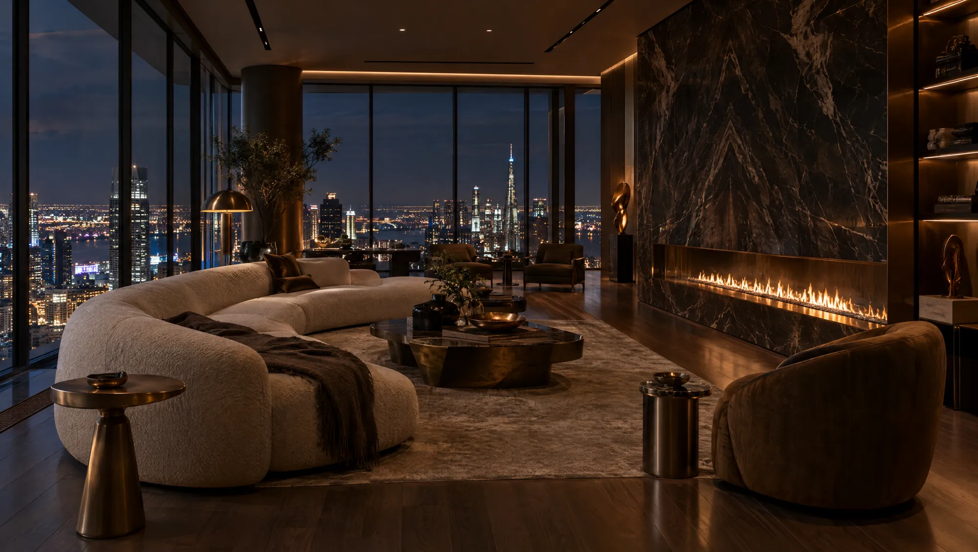 Sky Home living room with fireplace and city view