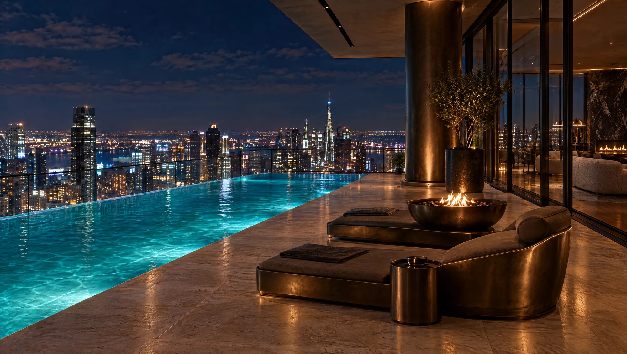 Penthouse sky terrace with glowing infinity pool