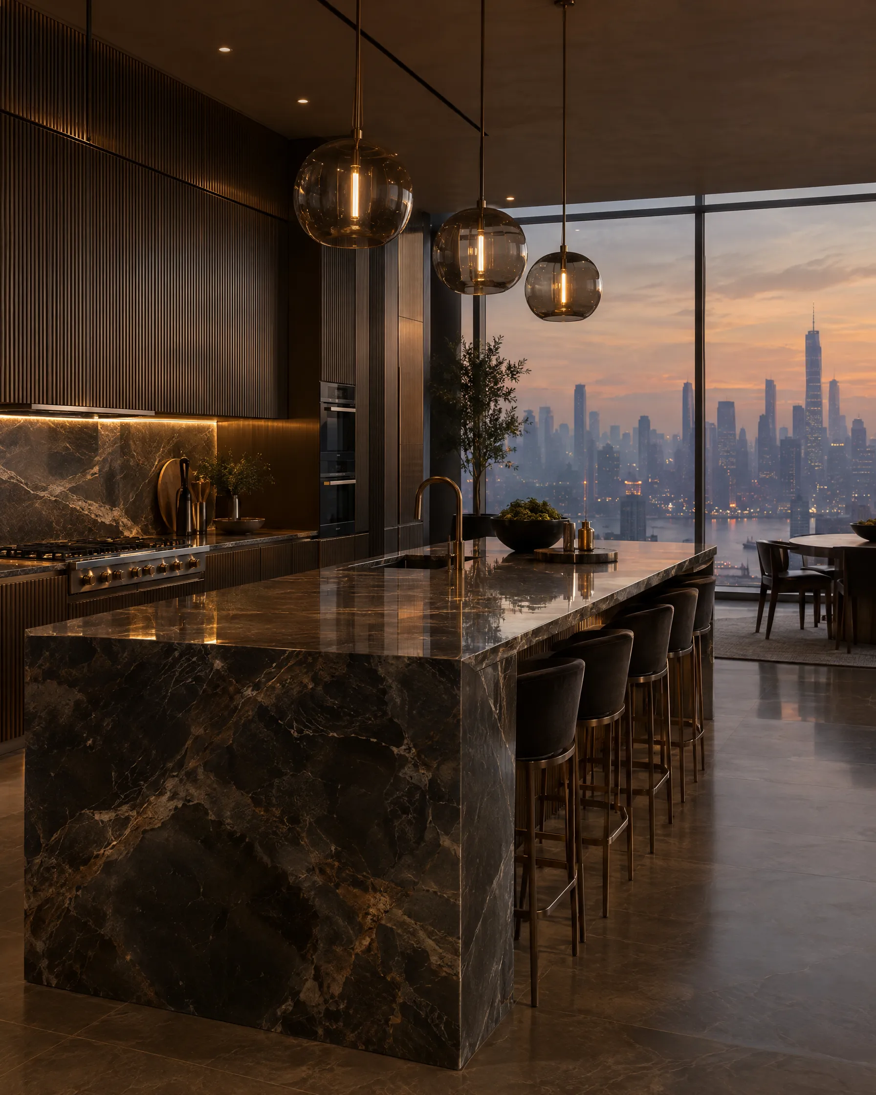 Three bedroom residence kitchen at dusk