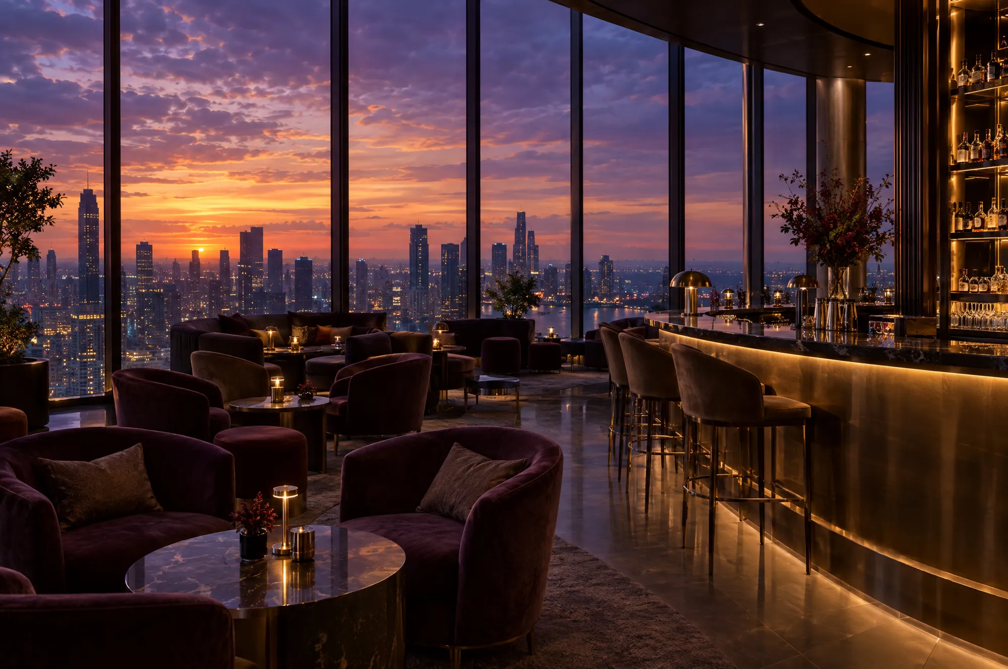 Sky lounge at dusk above the city