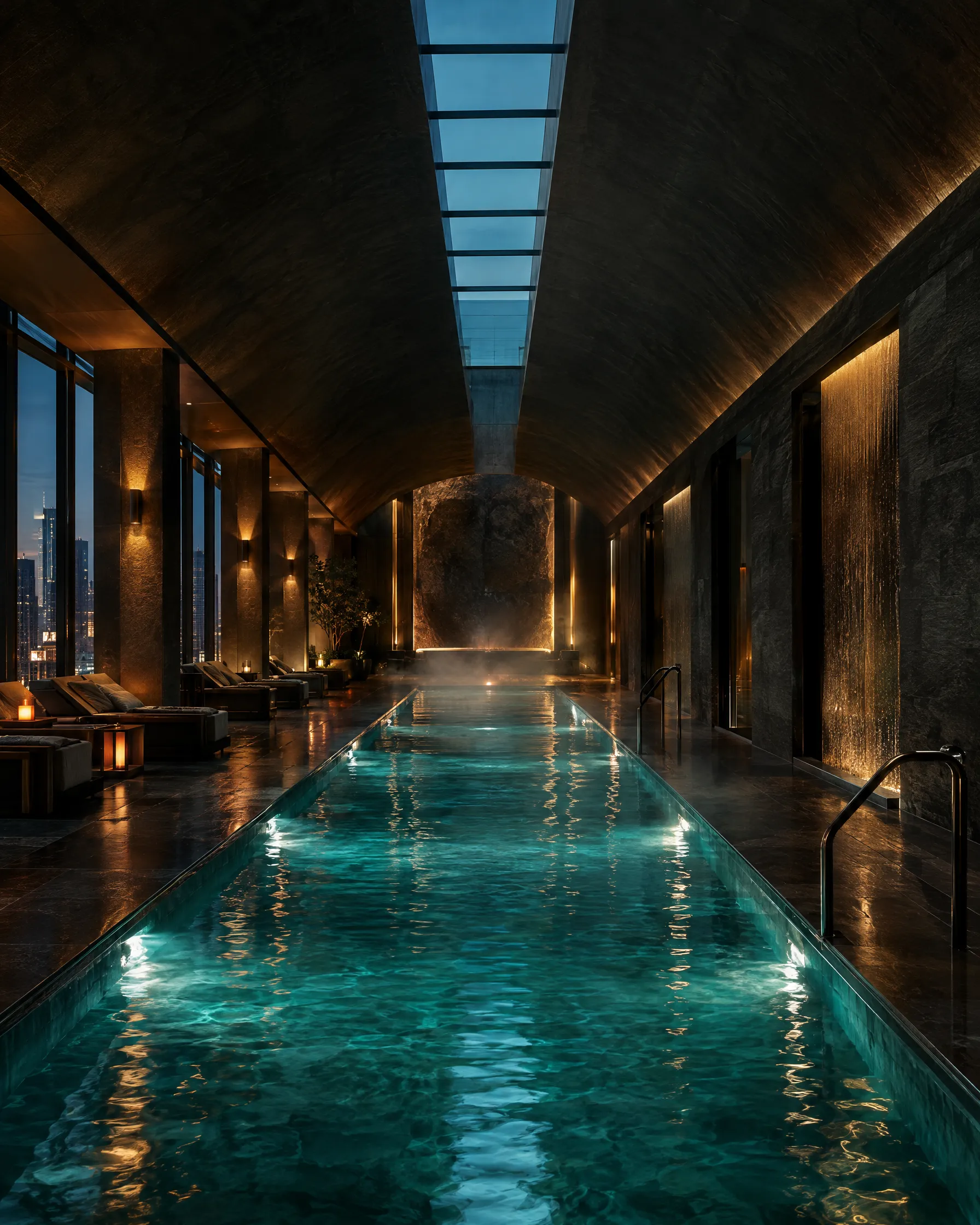 Residents' spa lap pool glowing turquoise