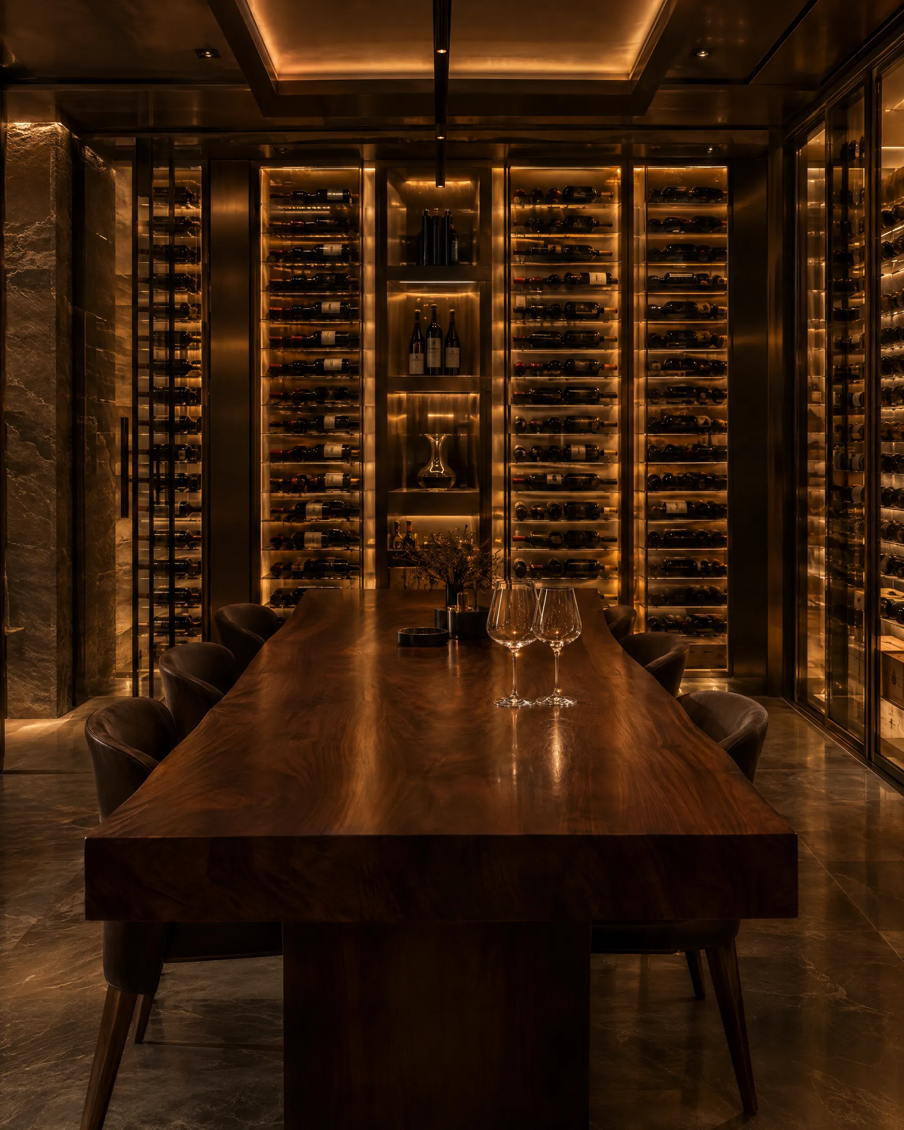 Private wine room with bronze wine wall